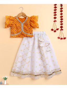 The Magic Wand - Yellow Doriya Ruffle Sleeves Bandhani Printed Blouse And Lehenga