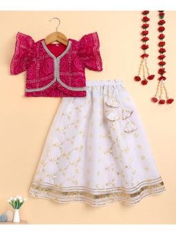 The Magic Wand - Pink Doriya Ruffle Sleeves Bandhani Printed Blouse And Lehenga