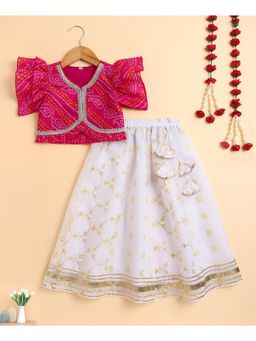 The Magic Wand - Pink Doriya Ruffle Sleeves Bandhani Printed Blouse And Lehenga