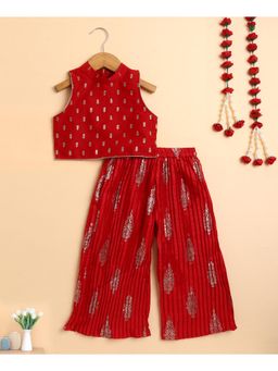 The Magic Wand - Red Woven Sleeveless Butti Printed Top And Palazzo