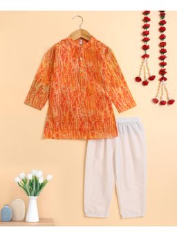 The Magic Wand - Orange Full Sleeves All Over Printed Kurta And Pyjama