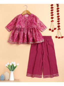 The Magic Wand - Pink Chanderi Three Fourth Sleeves Abstract Printed Top And Palazzo
