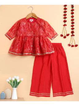 The Magic Wand - Red Chanderi Three Fourth Sleeves Abstract Printed Top And Palazzo