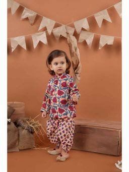Titrit - Peach Printed Full Sleeves Cotton Kurta And Dhoti