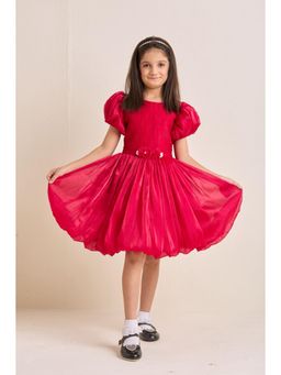 ZIP ZAP ZOOP - Girls Red Puff-Sleeve Flare Dress With Floral Waist Detail