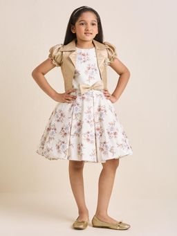 ZIP ZAP ZOOP - Girls Off White Floral Fit And Flare Dress With Gold Shrug