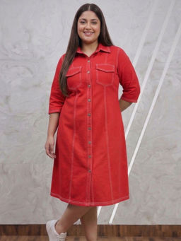AAREIN - Red Denim Three Fourth Sleeves Collar Neck Solid Dress
