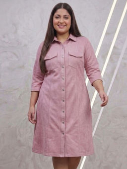 AAREIN - Pink Denim Three Fourth Sleeves Collar Neck Solid Dress