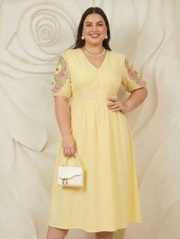 AAREIN - Yellow Embroidered Puff Sleeves Cotton Fit And Flare Midi Dress