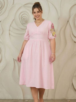 AAREIN - Pink Embroidered Puff Sleeves Cotton Fit And Flare Midi Dress