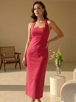 AAREIN - Maroon Sleeveless Halter Neck Solid Dress