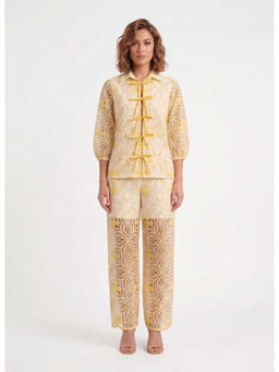 Dodo & Moa - Yellow Polyester Collar Neck Self Design Co-Ord Set