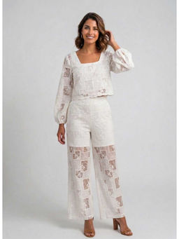 Dodo & Moa - White Cotton Square Neck Self Design Co-Ord Set