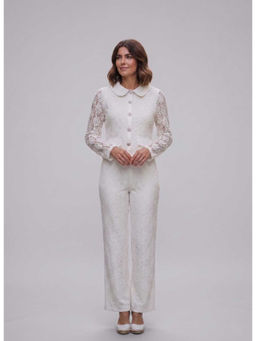 Dodo & Moa - White Cotton Collar Neck Self Design Co-Ord Set