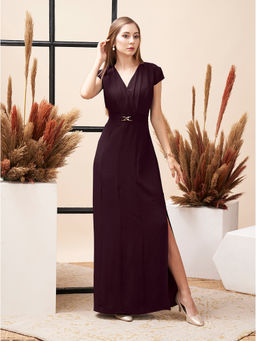 MISH - Wine Colour A-Line Fit Maxi Dress with Buckle Detail On Waist