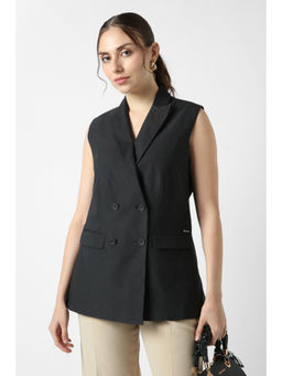 Van Heusen - Black Polyester Blend Notched Lapel Solid Blazer