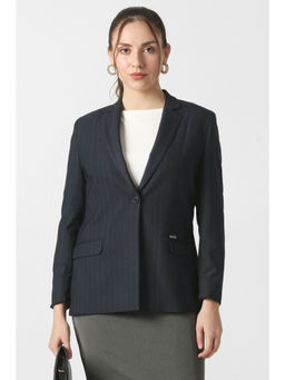 Van Heusen - Black Polyester Blend Notched Lapel Stripes Blazer