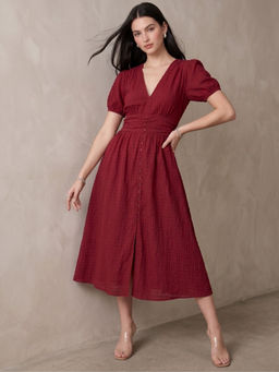 Outzidr - Wine Polyester Half Sleeves V-Neck Textured Dress