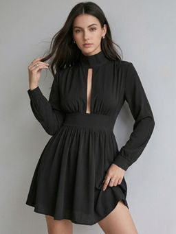 Outzidr - Black Polyester Full Sleeves High Neck Solid Dress