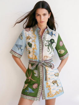 Outzidr - Multi-Color Polyester Half Sleeves Collar Neck Abstract Dress With Belt