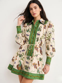 Outzidr - Multi-Color Polyester Full Sleeves Collar Neck Printed Dress With Belt
