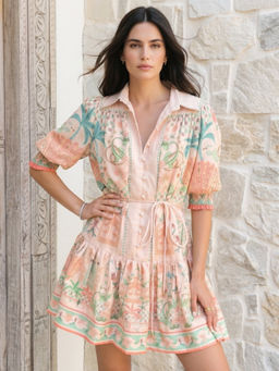 Outzidr - Multi-Color Polyester Puff Sleeves Collar Neck Printed Dress