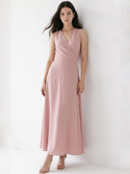 Outzidr - Pink Polyester Sleeveless V-Neck Solid Dress