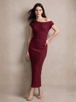 Outzidr - Maroon Polyester Cap One Shoulder Solid Bodycon Dress