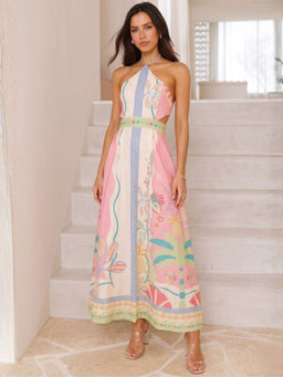 Outzidr - Multi-Color Polyester Sleeveless Halter Neck Printed Dress