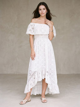 Outzidr - White Polyester Cape Off Shoulder Self Design Dress