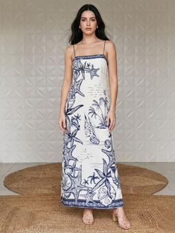 Outzidr - White Polyester Sleeveless Shoulder Straps Printed Dress