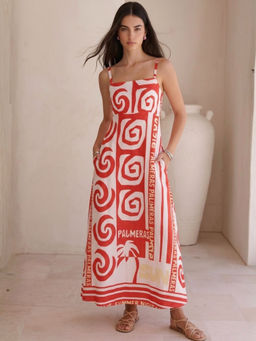 Outzidr - Red Polyester Sleeveless Shoulder Straps Printed Dress