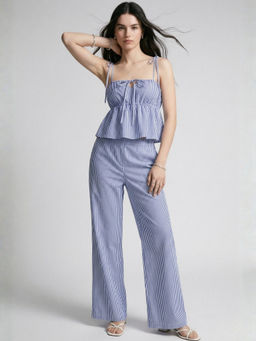 Outzidr - Blue Polyester Shoulder Straps Stripes Co-Ord Set