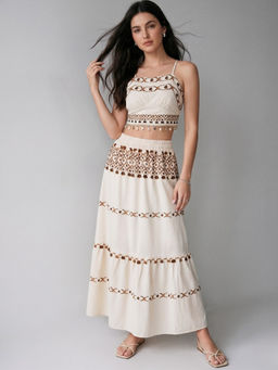 Outzidr - Cream Polyester Shoulder Straps Self Design Crop Top with Skirt