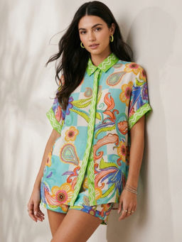 Outzidr - Multi-Color Polyester Collar Neck Printed Shirt with Shorts