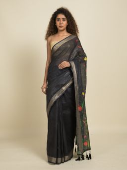 Suta - Black Floral Digitally Printed Linen Saree
