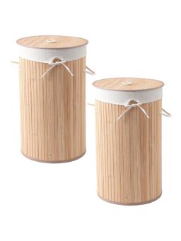 USHA SHRIRAM - Foldable Bamboo Laundry Basket with Lid (2 Pcs, Natural)