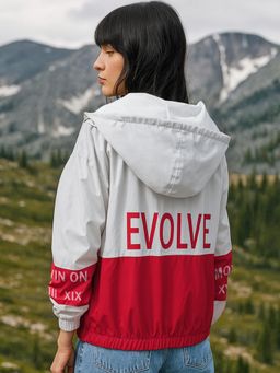 Bewakoof - Air 1.0 Women's White & Red Color Block Super Loose Fit Windcheater Jacket