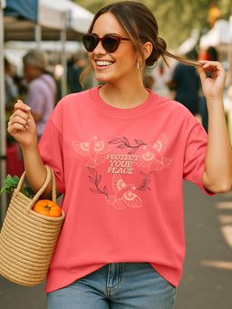 Bewakoof - Women Coral Pink Peace Graphic Printed Oversized T-Shirt