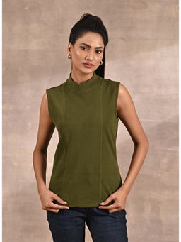 Lakshita - Olive Sleeveless Top with Fine Stitch Detailing