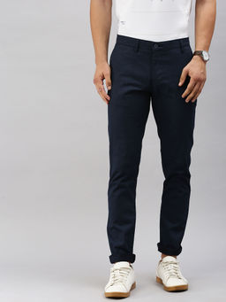 Classic Polo - Men'S Navy Blue Slim Fit Textured Casual Trouser