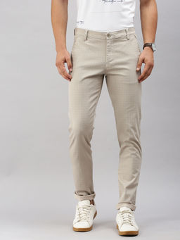 Classic Polo - Men'S Beige Slim Fit Checked Casual Trouser