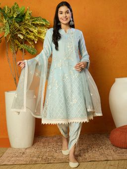Vaamsi - Women Blue Organza Solid Embroidered A-Line Suit (Set of 3)