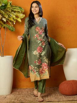 Vaamsi - Women Olive Cotton Blend Floral Printed Straight Suit (Set of 3)