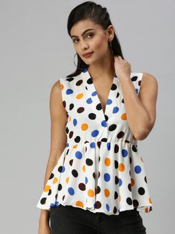 SHOWOFF - Women Plunging Neck Polka Dots Off White Regular Top
