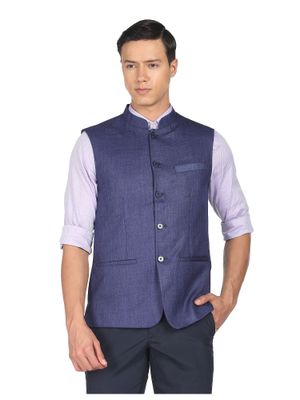 Men's Mandarin Collar Solid Blue Nehru Jacket