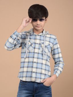 CRIMSOUNE CLUB - Boys Blue Checks Cotton Hooded Shirt