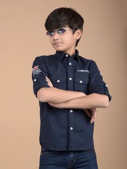 CRIMSOUNE CLUB - Boys Navy Blue Button Down Collar Shirt