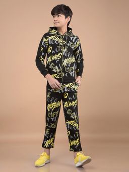 CRIMSOUNE CLUB - Boys Black Typographic Print Hoodie with Pant (Set of 2)