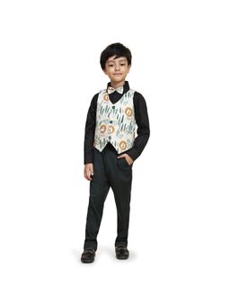 Funny Bones - Linen Lion Print Pure Cotton Solid Bow, Koti with Shirt & Pant (Set of 4)